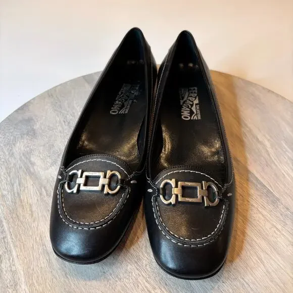 Salvatore Ferragamo Black Leather Gancini Loafers 7.5 B Italy Stitch Flats - Picture 4 of 11